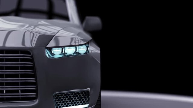 Modern car, 3D car animation on a black background the camera zooms