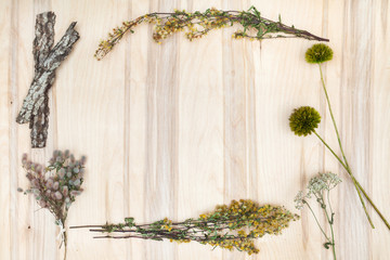 Dry flowers and herbs collage composition at wooden desk