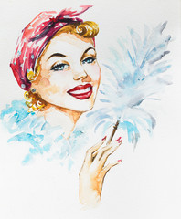 Young beautiful cleaning woman holding static duster.Picture created with watercolors.