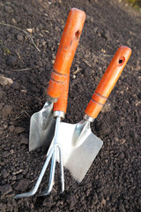 Garden major and minor hand trowels and a flower rake in the loosen soil in the garden