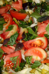 Cut fresh vegetable marrows with sliced tomatoes, onion and basil leaves prepared for stewing