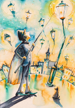  Lamplighter lights a street gas lamps. Picture created with watercolors.