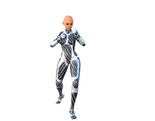 one bald young slender girl in a futuristic suit in full growth on colored background for the image. She is standing in a boxing pose