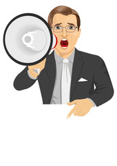 businessman shouting with megaphone pointing to billboard with text for copyspace