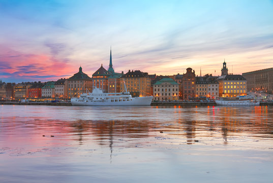 colorful sunset scenery of the Old Town in Stockholm, Sweden