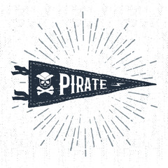 Hand drawn adventure pennant flag vector illustration and "Pirate" lettering.