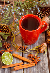 Christmas still life with red Cup of tea,pine cones ,cinnamon.