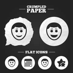 Human smile face icons. Happy, sad, cry.