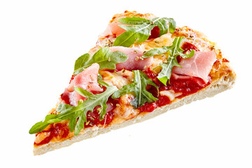 Thin base pizza slice topped with rocket and ham