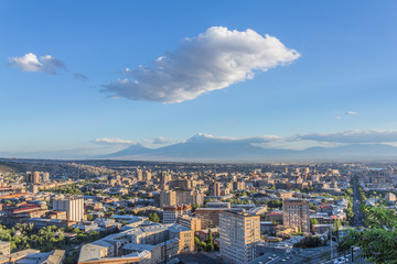 panoramic view of Yerevan and Mount Ararat from Victory Park  - obrazy, fototapety, plakaty