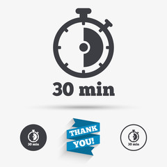 Timer sign icon. 30 minutes stopwatch symbol.