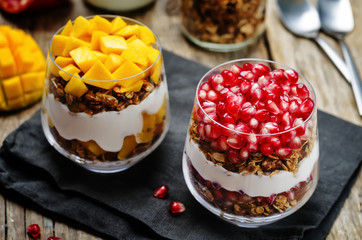 list of Greek yogurt granola parfait. Pomegranate and mango