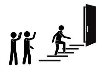 man walking towards his goal up the stairs, passing through difficulties and obstacles. Symbol of faith and diligence. Vector
