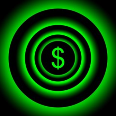 Growing dollar sign surrounded by green blurred circles - visual illusion.