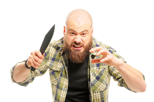 bearded man attacking with knife