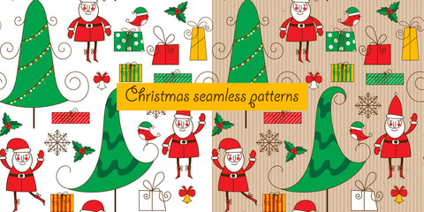 Christmas seamless patterns with Santa, trees and bird.