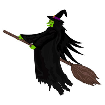 Scary witch flying on a broom