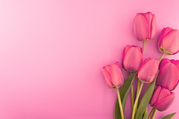 Fototapeta premium Bouquet of pink tulips with space for greeting message. Mother's
