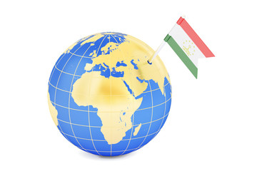 Tajikistan pin flag on globe map, 3D rendering