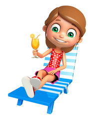 kid girl with Beach chair & Juice Glass