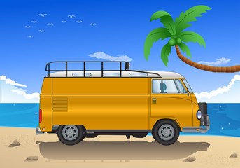 old car cartoon on beach