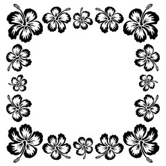 Black ink style drawn vector hibiscus tropical flowers frame