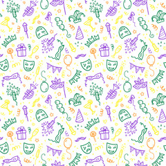 Green, yellow and violet carnival symbols in doodle style on white background, vector seamless pattern