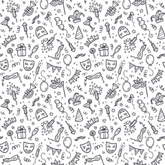 Black carnival symbols in doodle style on white background, vector seamless pattern