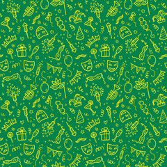 Yellow carnival symbols in doodle style on green background, vector seamless pattern