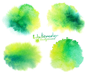 Green watercolor stains backgrounds set isolated on white - obrazy, fototapety, plakaty