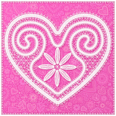 White lace heart on pink ornate background, Valentines Day greeting card cover