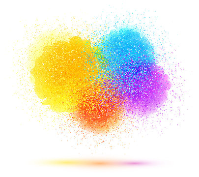 Colorful paint splash and powder cloud on white background