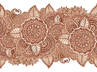 Indian henna tattoo style vector floral horizontal seamless pattern