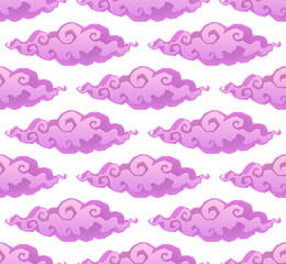 Pink curly cartoon style clouds vector seamless pattern