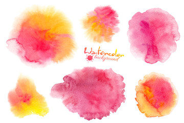 Pink and yellow watercolor splashes vector backgrounds set
