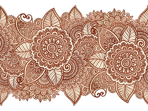 Indian henna tattoo style vector floral horizontal seamless pattern