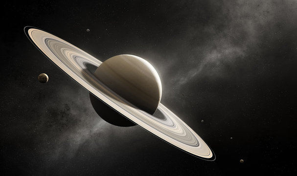 Planet Saturn with major moons