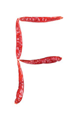 capital letter F by dry chili isolated on white