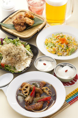Tofu and small fish sesame fragrant salad Dim Sumwith small bask