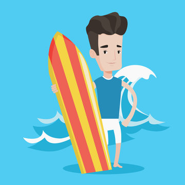 Surfer holding surfboard vector illustration.
