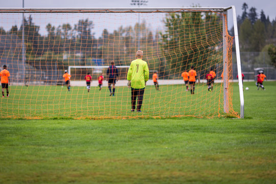 Young soccer goalie in the net with game in action