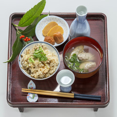 Table meal of fried rice with meat ball soup in Japanese style