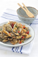 Fried clams on white plate in the restaurant