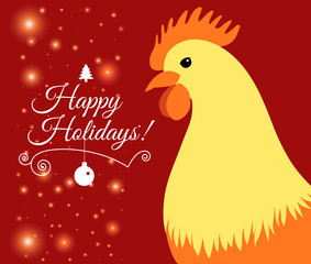 Merry Christmas e-card with rooster and designed text. Vector illustration.
