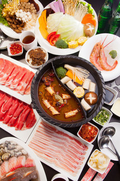 A special hot pot in Chinese style with beef, pork, seafood, mus