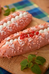 Red cake on cutting board in asia