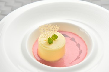 Pudding cake on white plate in restaurant