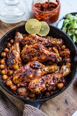Harissa roasted chicken in black pan with lemon and corn