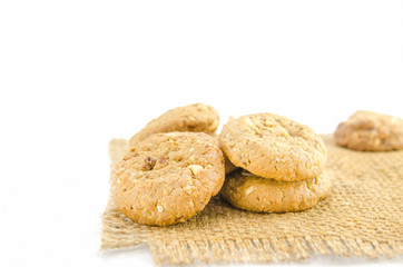 Fototapeta na wymiar Extreme close-up image of chocolate chips cookies on white background