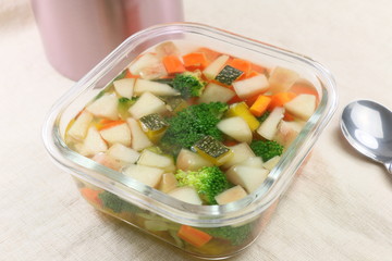 Vegetables soup with broccoli, cucumber, carrot and pumpkin in g